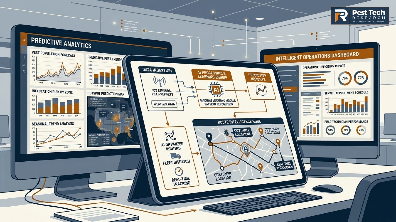Editorial research illustration of AI data and operational intelligence for pest control businesses