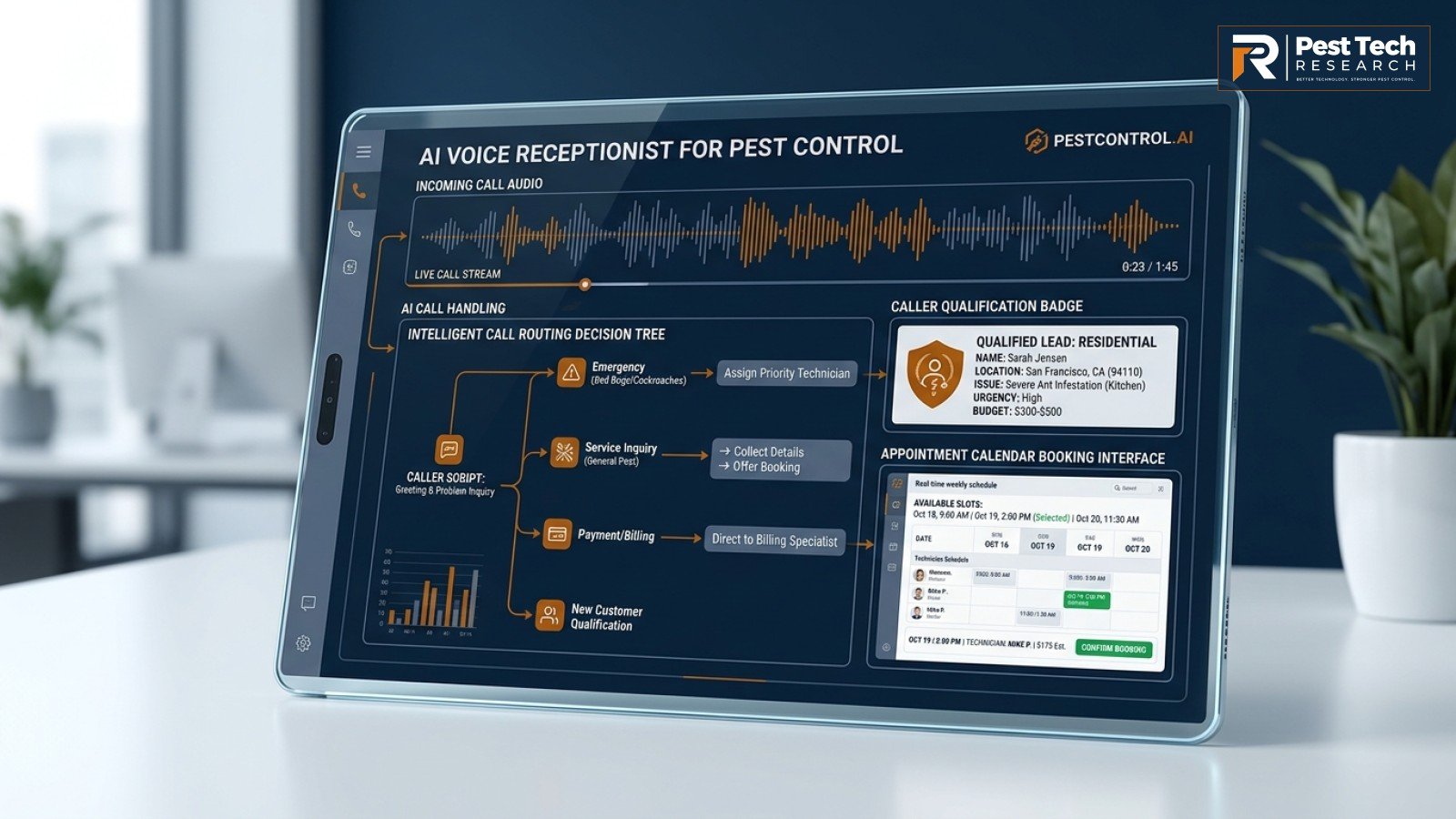 Technical diagram of AI voice receptionist call answering, triage decision tree, and automated appointment scheduling